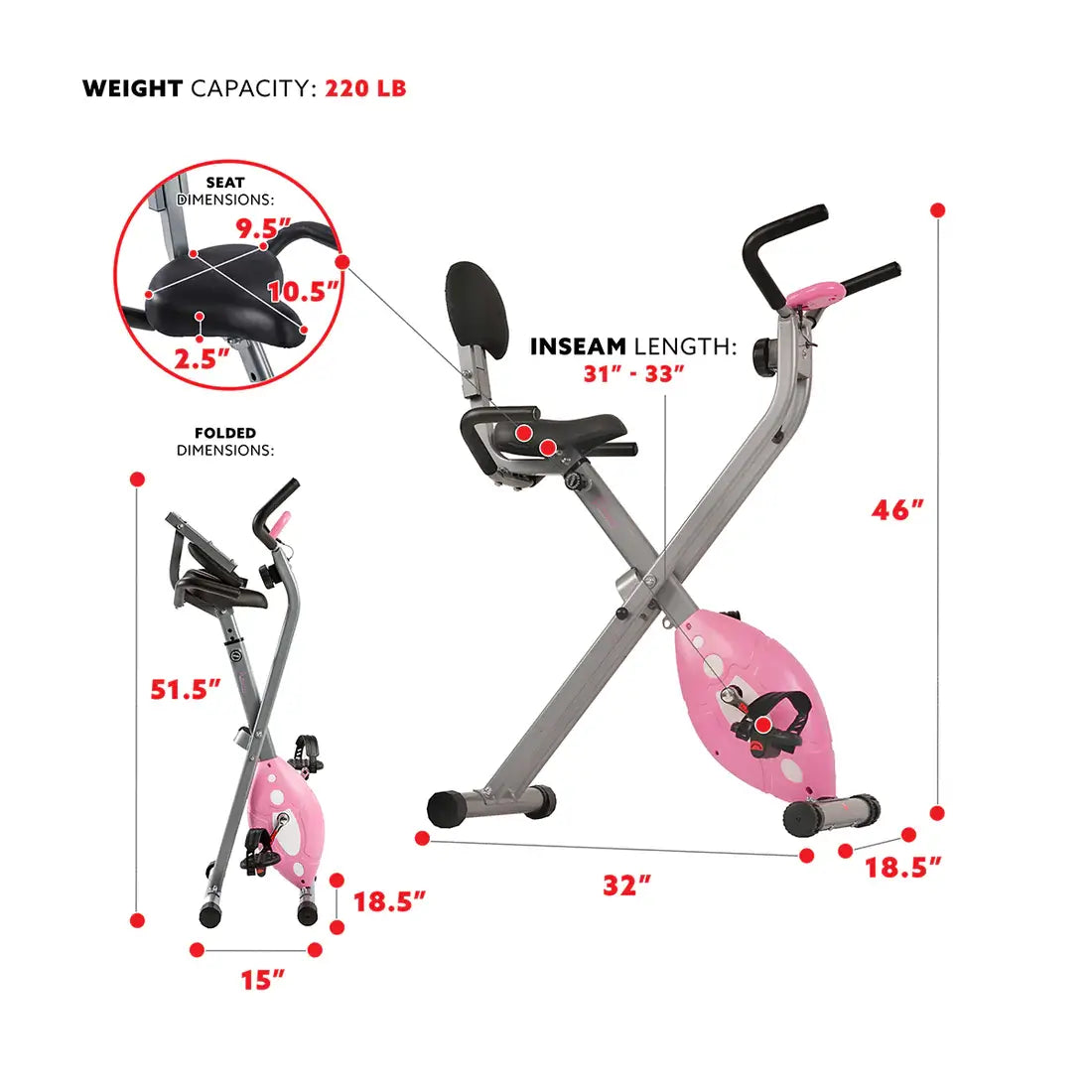 GP Pro Sun Magnetic Folding Recumbent Bike Exercise Bike, 220lb Capacity - Lifetime warranty*