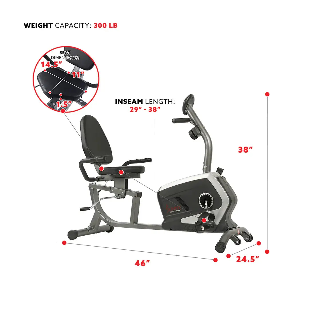 GP Pro Sun Magnetic Recumbent Exercise Bike, 300 lb Capacity & Adjustable Seat - Lifetime warranty*
